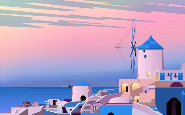 Santorin Griechenland Morgendämmerung Der Altstadt Meer Berge Windmühle Und Häuser — Stockfoto