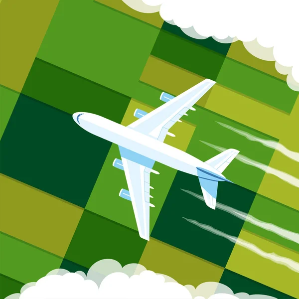 Het Vliegtuig Vliegt Groene Velden Vliegtuig Wolken Bovenaanzicht Platte Cartoon — Stockvector