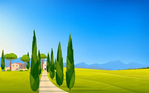 Италия Итальянский Пейзаж Широкая Панорама Сельской Местности Весной Летом Луга — стоковый вектор