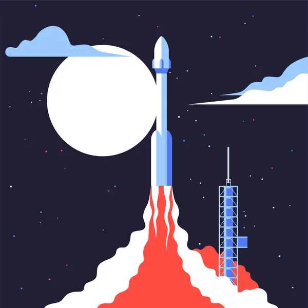 Rocket Despega Fondo Del Cielo Estrellado Dibujos Animados Vector Ilustración — Archivo Imágenes Vectoriales