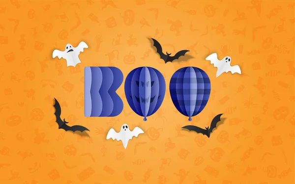 Buon Halloween Composizione Vendita Vacanza Pipistrelli Carta Fantasmi Sfondo Arancione — Vettoriale Stock