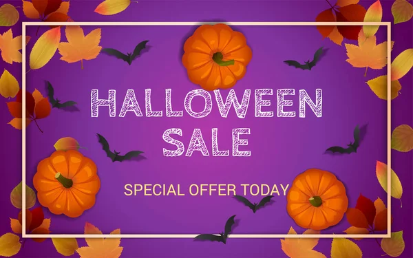 Happy Halloween Urlaub Verkaufskonzept Blätter Fledermäuse Kürbisse Auf Welkem Hintergrund — Stockvektor