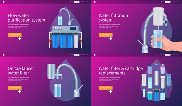 Conjunto Conceitos Sistema Filtragem Água Sistema Purificação Água Fluxo Filtração — Vetor de Stock