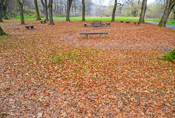 Park Withbenches Egy Focipálya — Stock Fotó