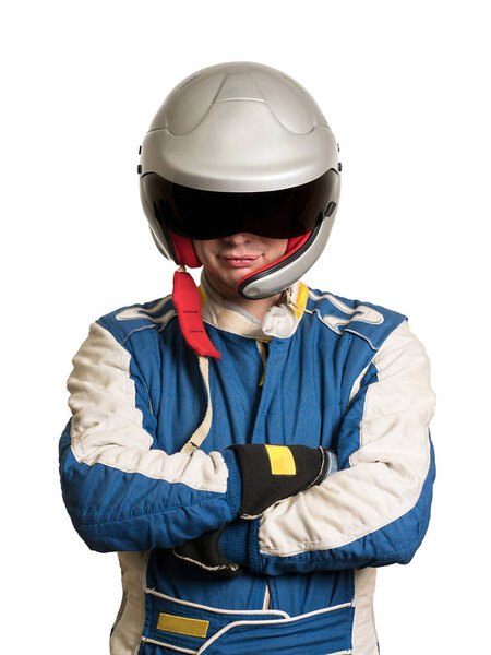 Professional formula pilot wearing a racing suit for motor sports.