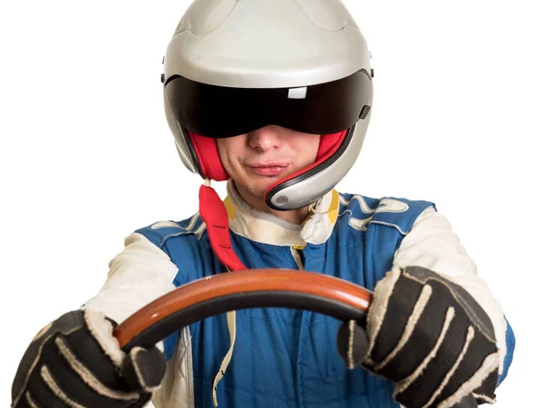 Piloto de carro de corrida no capacete enquanto dirige. Em um fundo branco — Fotografia de Stock