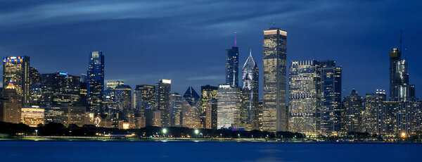 View of Chicago skyline by night, USA.