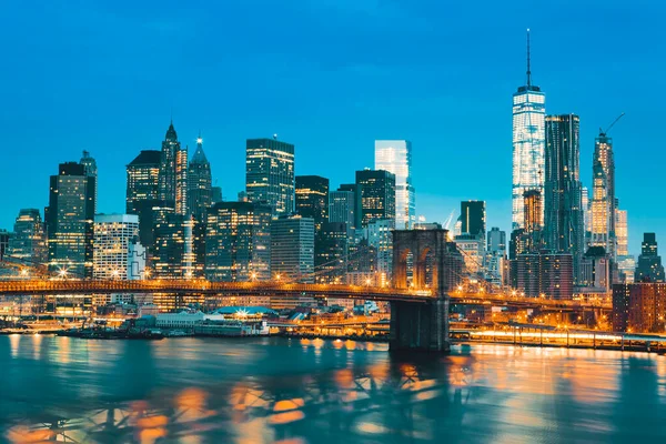 New York City Manhattan Midtown Tramonto Con Brooklyn Bridge Stati — Foto Stock