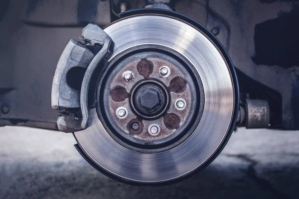 car brake disc with brake pad. rusty brake disc.