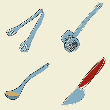 mutfak gereçleri (barbekü maşa, et çekiç, kaşık, bıçak)