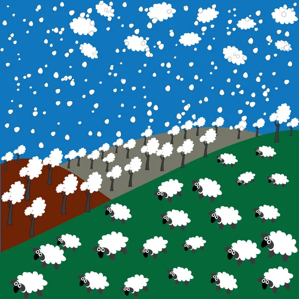 Ovelhas Floresta Nuvens Flocos Neve Nas Montanhas — Vetor de Stock