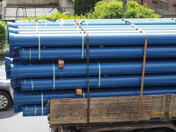 Large Blue Pipes Being Transported Truck — Stock Photo, Image