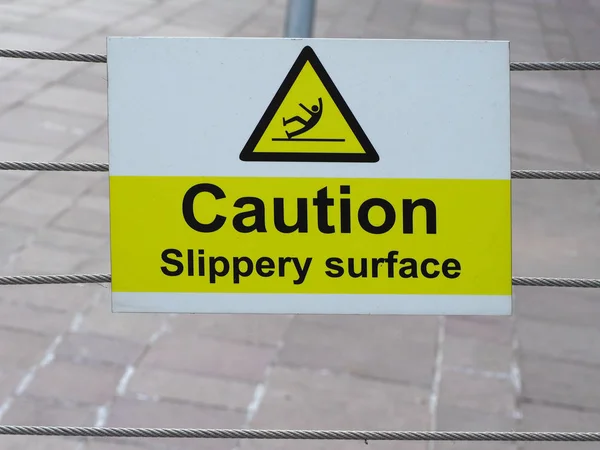 Caution Slippery Surface Sign Riverside Marina — Stock Photo, Image