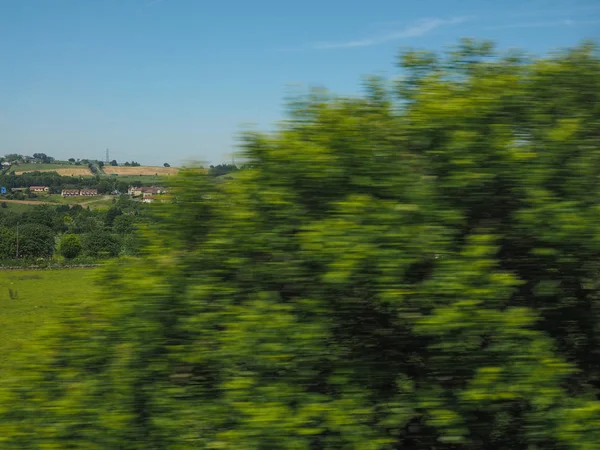 Θολή Φύλλα Defocused Δει Από Την Κίνηση Του Τρένου Θόλωση — Φωτογραφία Αρχείου