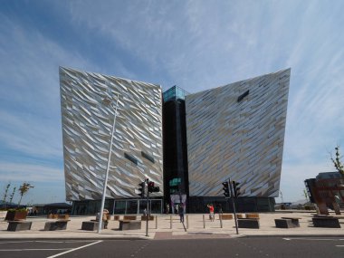 BELFAST, UK - CIRCA JUNE 2018: Titanic Belfast centre on the site of the former Harland Wolff shipyard where the RMS Titanic was built clipart