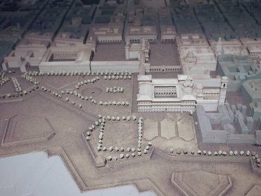 Venaria, İtalya - yaklaşık Ağustos 2018: 3d ölçek model Turin Barok zamanında Reggia di Venaria havadan görünümü
