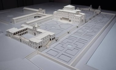 Venaria, İtalya - yaklaşık Ağustos 2018: 3d maketi Reggia di Venaria havadan görünümü