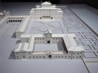Venaria, İtalya - yaklaşık Ağustos 2018: 3d maketi Reggia di Venaria havadan görünümü