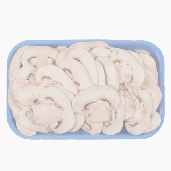 Sliced Agaricus Bisporus Aka Champignons Mushrooms Isolated White Tub Delicate — Stock Photo, Image
