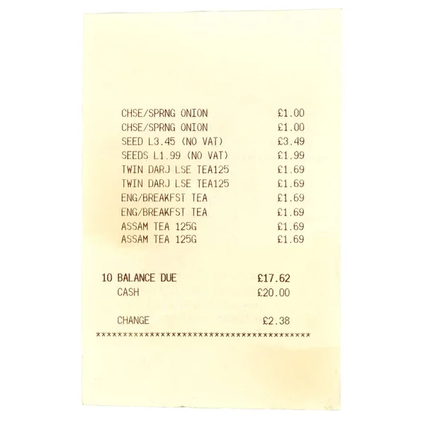 英国超级市场收据账单以英镑价格 — 图库照片
