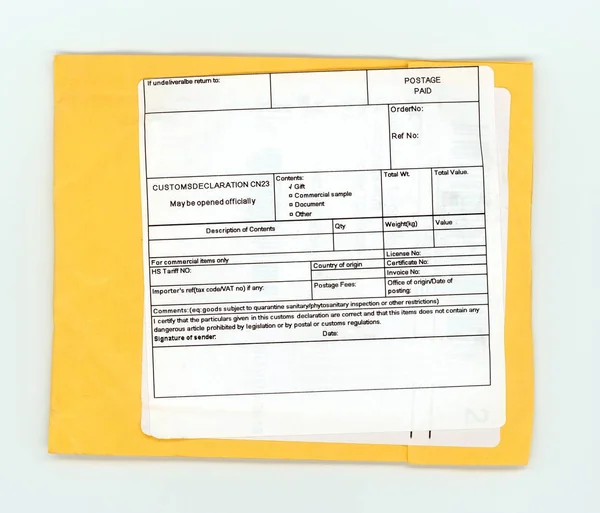 blank customs declaration label on a foreign packet parcel