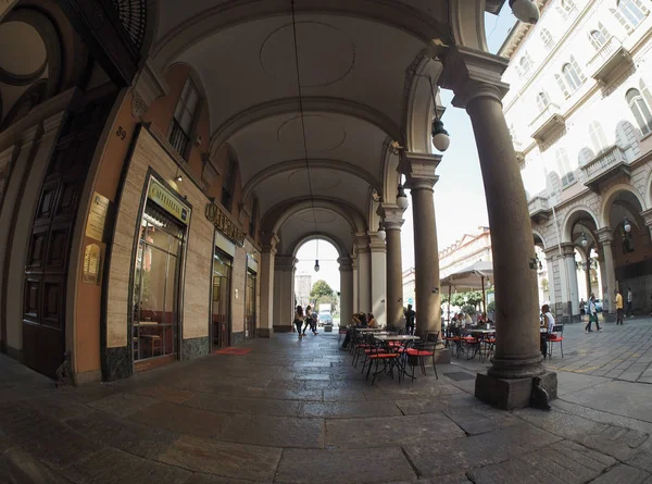 Turin Itália Circa Setembro 2018 Pórtico Colunata Visto Com Lente — Fotografia de Stock