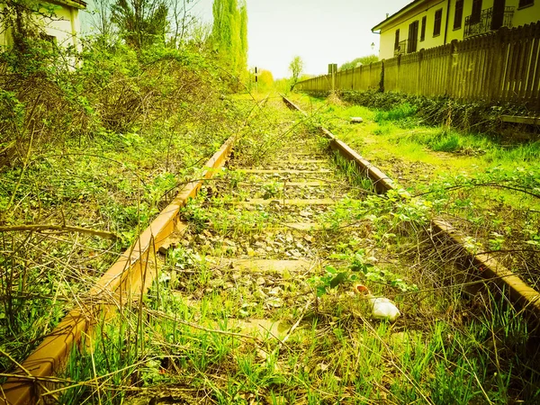 Vintage Stillgelegte Eisenbahngleise Mit Vegetation Bedeckt Vintage Retro — Stockfoto