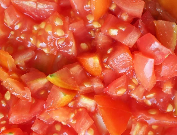 Préparation Tomates Hachées Pour Nourriture Végétarienne Pizza — Photo