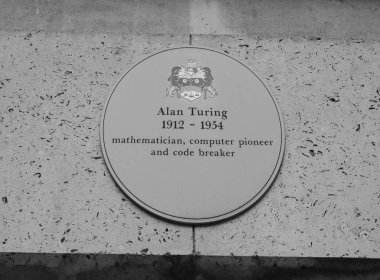 CAMBRIDGE, UK - CIRCA OCTOBER 2018: Alan Turing blue plaque at Keynes Building in black and white clipart