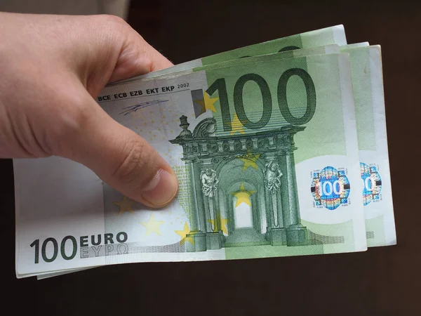 Tenencia Mano Entrega Billetes Euros Eur Moneda Unión Europea —  Fotos de Stock