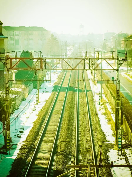 Tren Veya Demiryolu Yol Parça Perspektif Retro Vintage Yukarıda — Stok fotoğraf