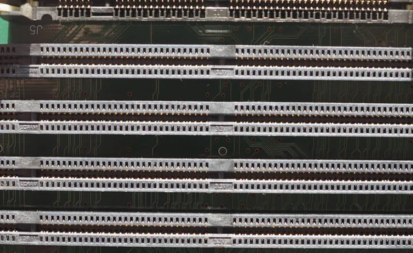 Detalhe Uma Placa Circuito Impresso Eletrônico Pcb Com Tomadas Ram — Fotografia de Stock