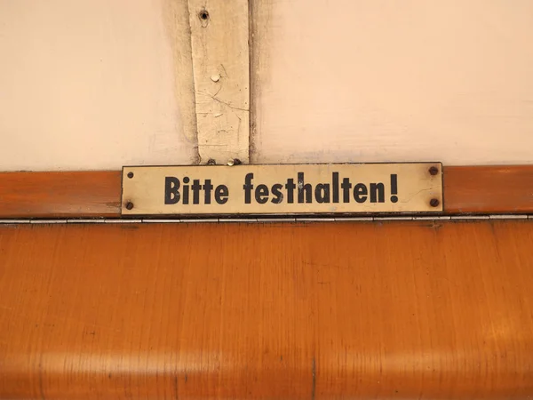 Bitte Festhalten Meaning Please Hold Tight Sign Vintage German Tram — Stock Photo, Image