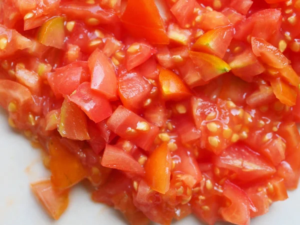 Hackad Tomat Beredning För Pizza Vegetarisk Mat — Stockfoto