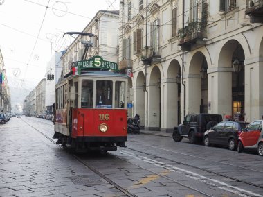 Torino, İtalya - yaklaşık Aralık 2018: (1911 yılında inşa edilmiş) Vintage 116 tramvay arabası Festivali