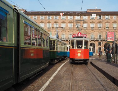 Torino, İtalya - yaklaşık Aralık 2018: Vintage 502 tramvay arabası Festivali