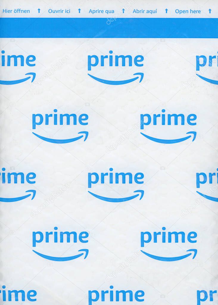 SEATTLE, USA - CIRCA DECEMBER 2018: Amazon Prime logo on a packet. Members of Prime receive benefits which include free fast shipping for eligible purchases, streaming of movies, TV shows and music