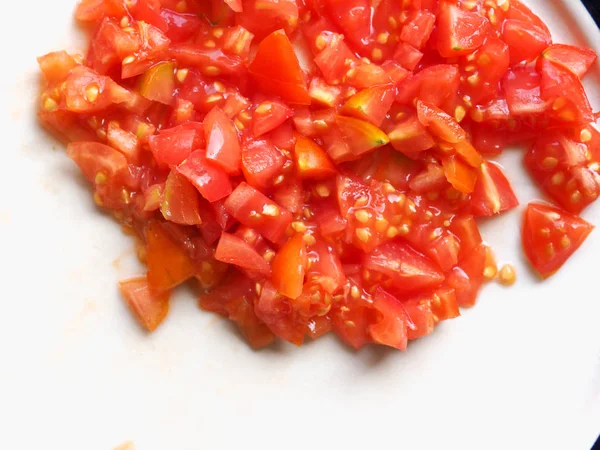 Preparación Tomate Picado Para Pizza Comida Vegetariana — Foto de Stock