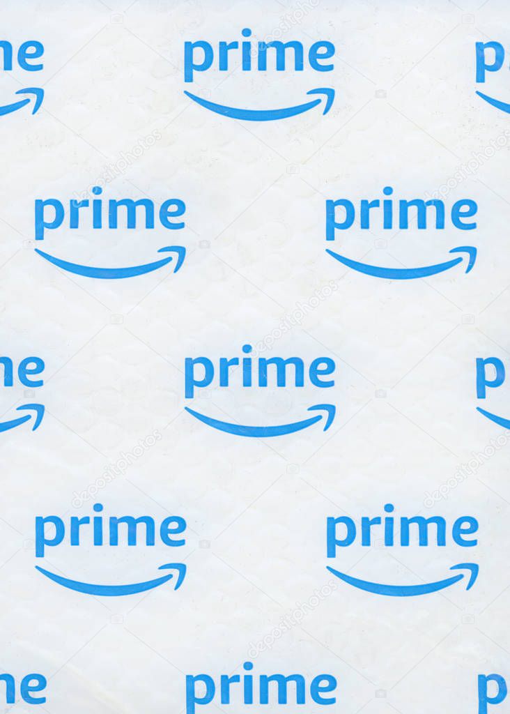 SEATTLE, USA - CIRCA DECEMBER 2018: Amazon Prime logo on a packet. Members of Prime receive benefits which include free fast shipping for eligible purchases, streaming of movies, TV shows and music
