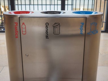 Plastik, kağıt ve genel atıkların sıralanması ve geri dönüşümü için çöp kutusu