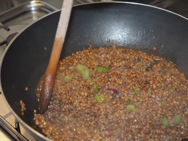 Matlagning Linser Puls Baljväxter Grönsaker Vegetarisk Mat — Stockfoto