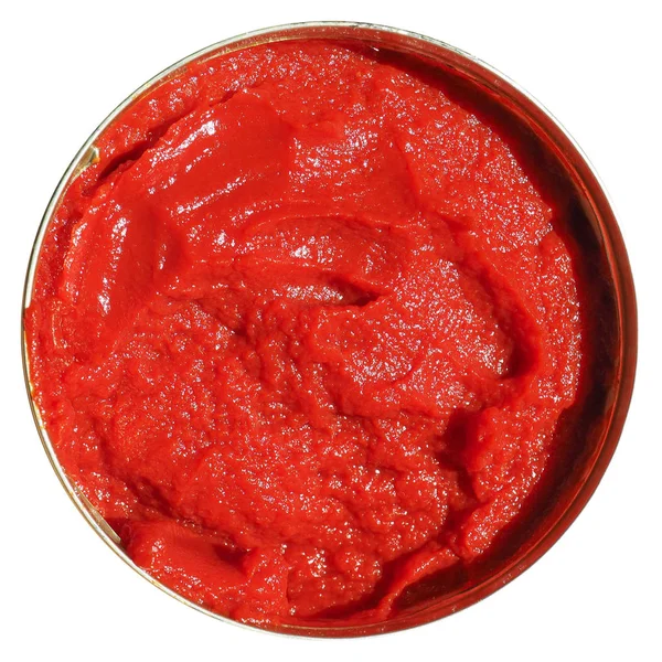 红色番茄双精矿番茄酱酱酱酱在锡罐头查出在白色背景 — 图库照片