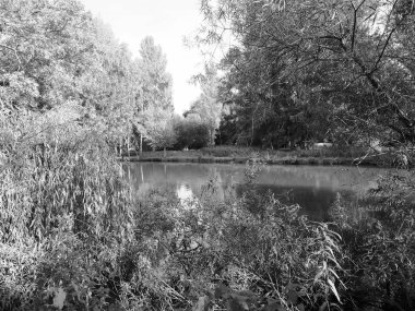 Cambridge, İngiltere'de Cam Nehri görünümünü siyah beyaz