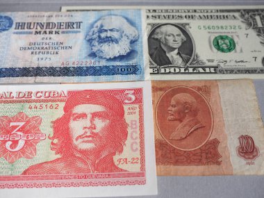 Marx, Washington, Che Guevara ve Lenin 'in DDR, ABD, Küba ve CCCP banknotları üzerine portreleri