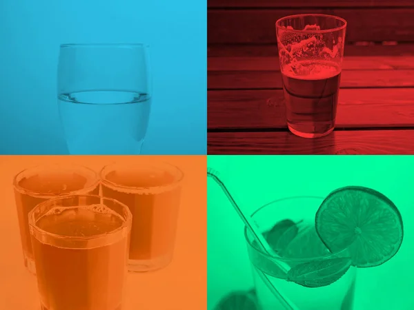 流行艺术风格拼贴四种单色饮料 包括一杯水 一品脱啤酒 橙汁和酒精鸡尾酒 — 图库照片