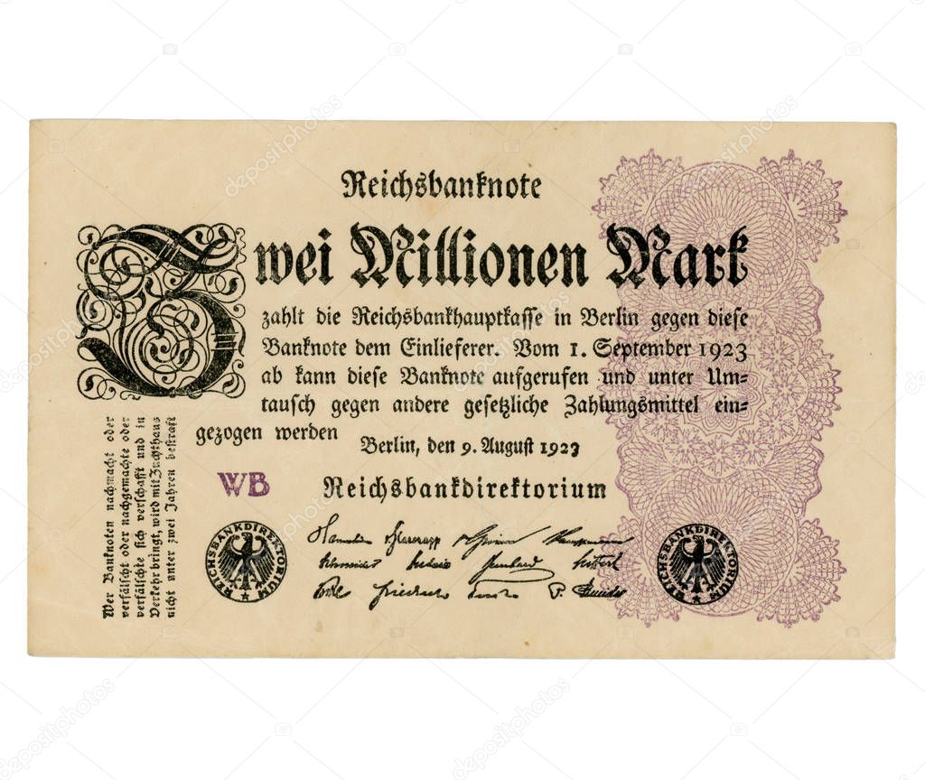 Zwei Millionen Mark (meaning Two Million Mark) year 1923 banknote inflation money from Weimar Republic