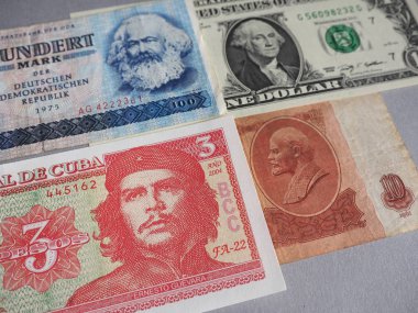 Marx, Washington, Che Guevara ve Lenin 'in DDR, ABD, Küba ve CCCP banknotları üzerine portreleri