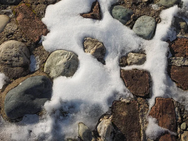 Neve Sopra Pietre Struttura Del Pavimento Cemento — Foto Stock