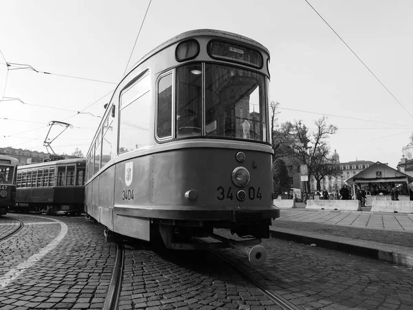 Historická tramvaj německé 3404 v Turíně vozík festivalu v černém a — Stock fotografie