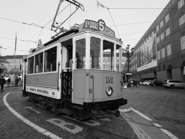 Torino tramvay Festivali'nde Vintage 116 tramvay siyah beyaz